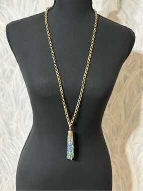 Marilyn Schiff Gold Chain Tassel Necklace with Multi Colored Beaded Fringe 34”